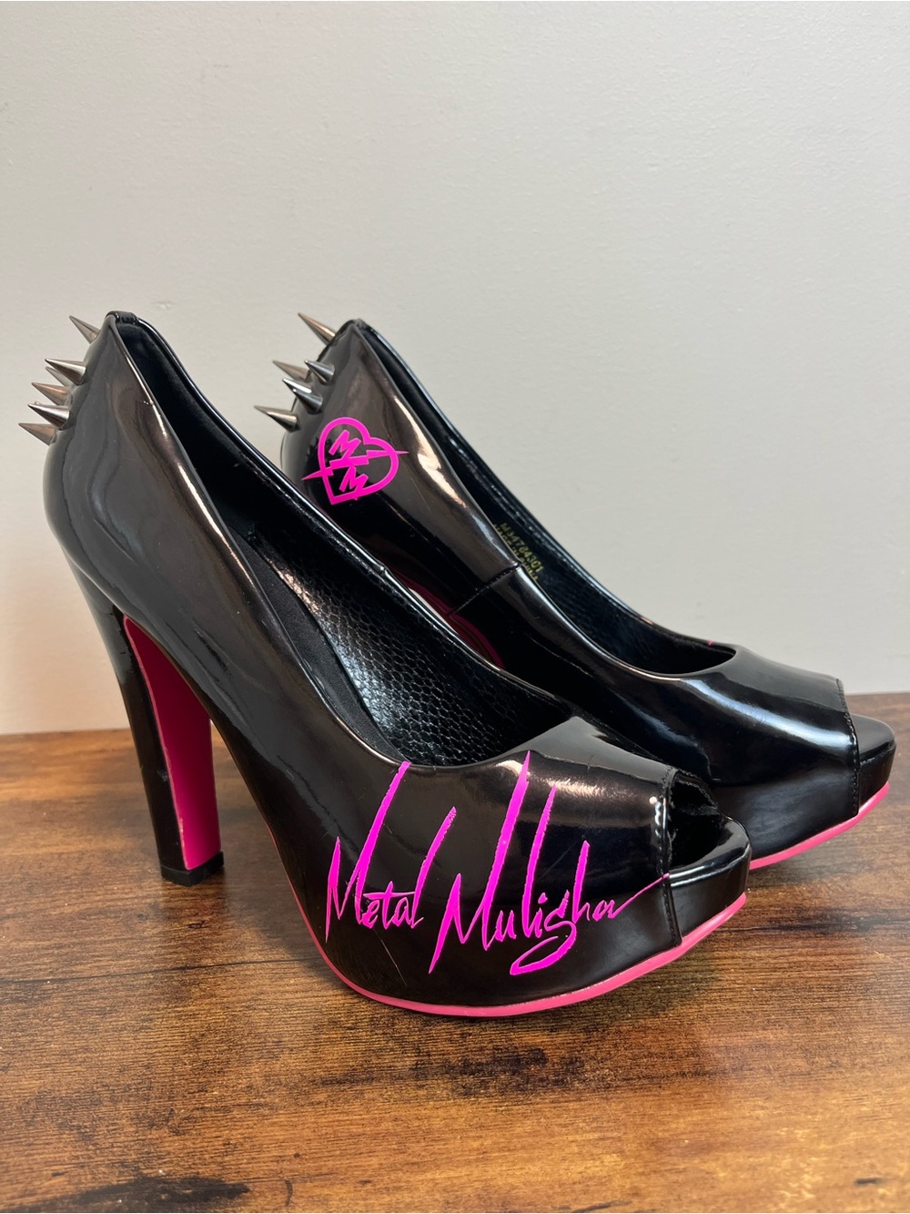 Metal Mulisha Black Patent Spike Peep-Toe Heels with Pink Accents